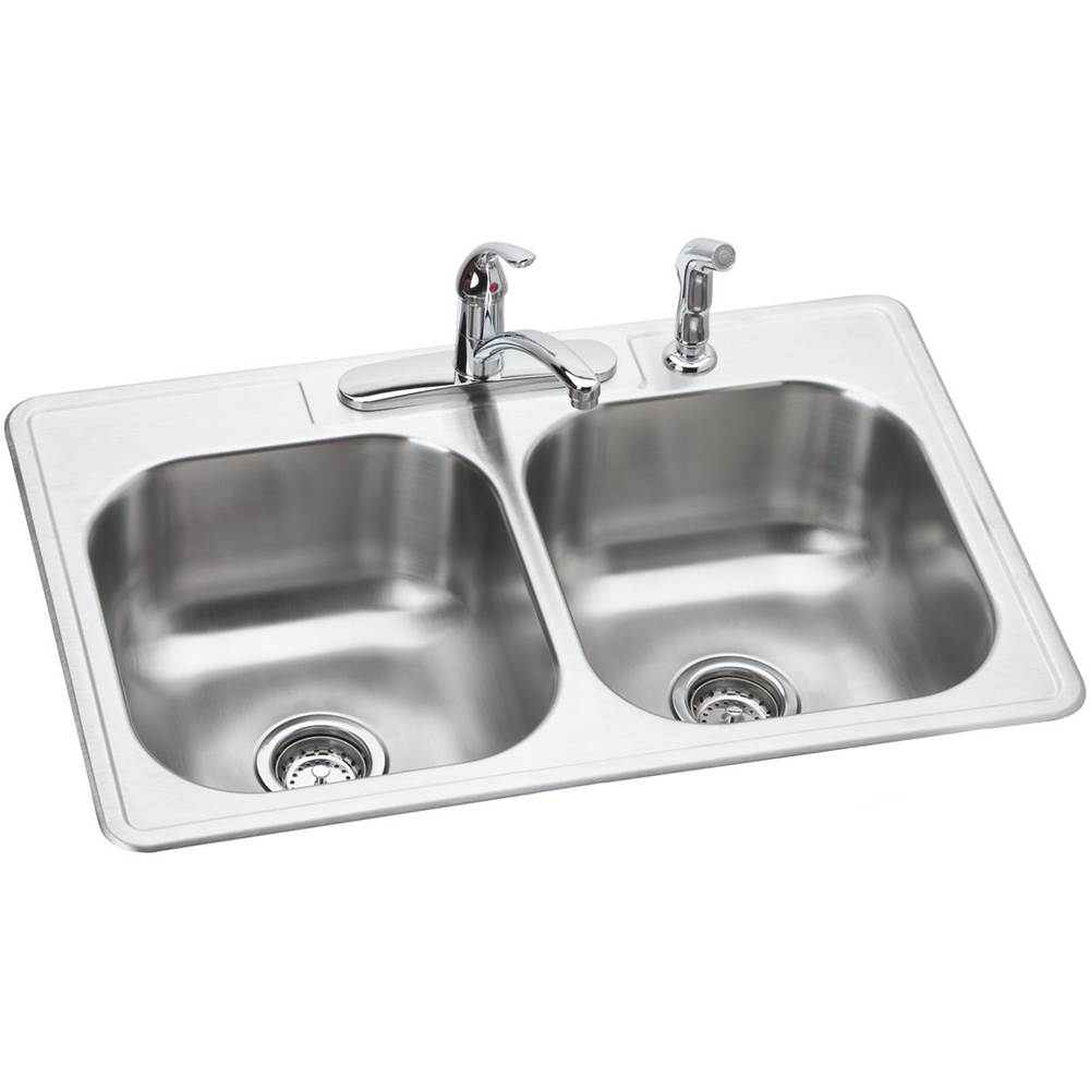 Elkay Dayton Stainless Steel 33'' x 22'' x 8-1/16'', 4-Hole Equal Double Bowl Drop-in Sink and Faucet Kit