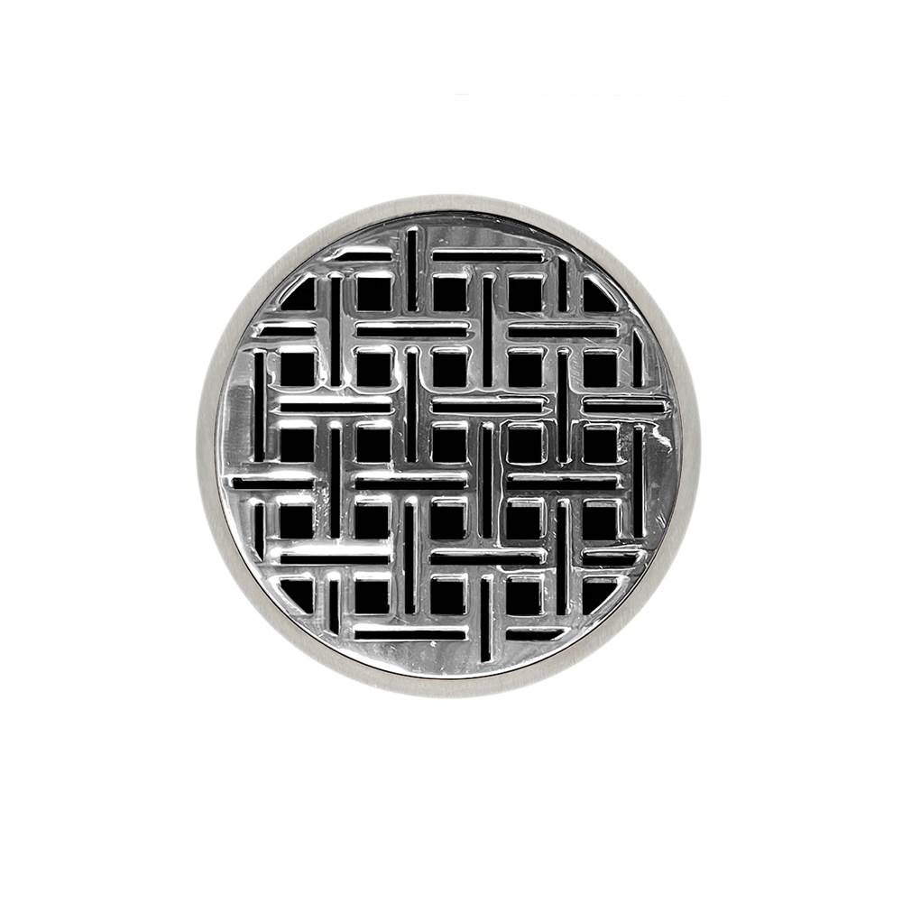 Infinity Drain 5'' Round RVDB 5 Complete Kit with Weave Pattern Decorative Plate in Polished Stainless with ABS Bonded Flange Drain Body, 2'', 3'' and 4'' Outlet
