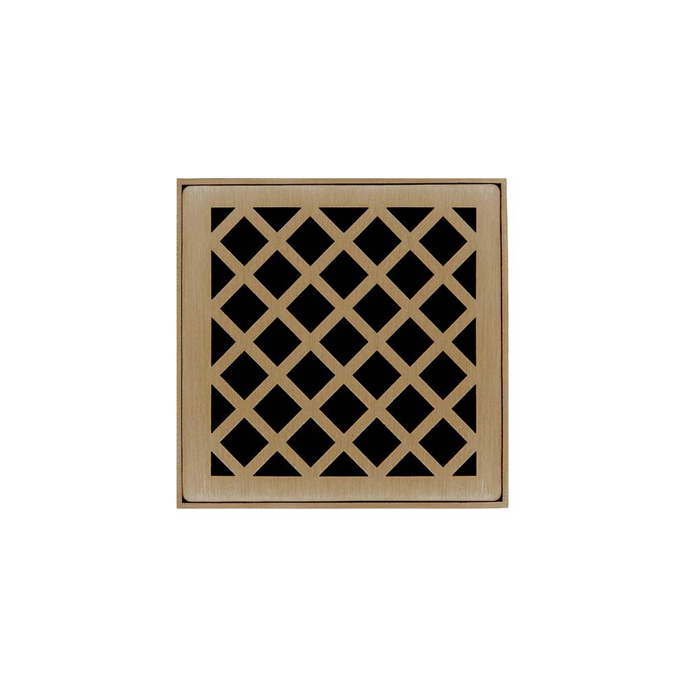 Infinity Drain 4'' x 4'' XDB 4 Complete Kit with Criss-Cross Pattern Decorative Plate in Satin Bronze with PVC Bonded Flange Drain Body, 2'', 3'' and 4'' Outlet