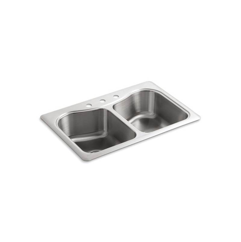 Kohler Staccato™ 33'' x 22'' x 8-5/16'' top-mount double-equal bowl kitchen sink with 3 faucet holes