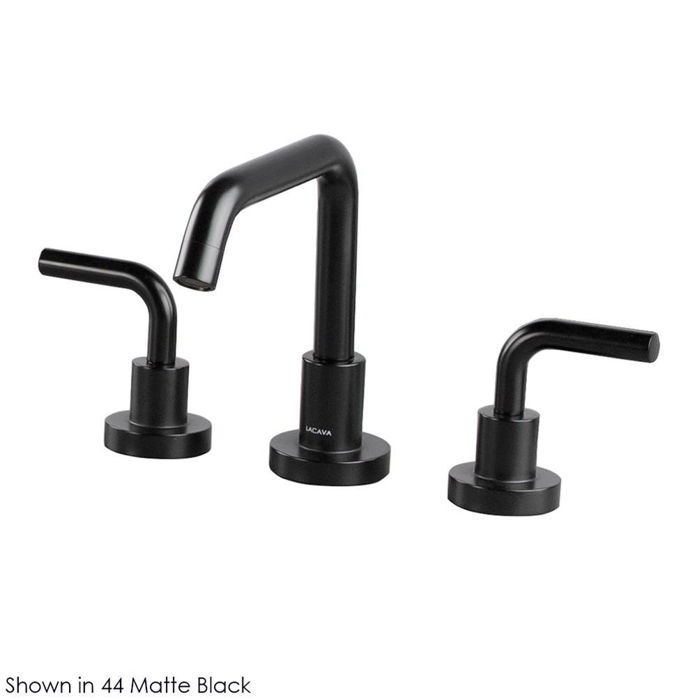 Lacava Deck-mount three-hole faucet with a squared-gooseneck swiveling spout, two curved lever handles, and a pop-up drain.