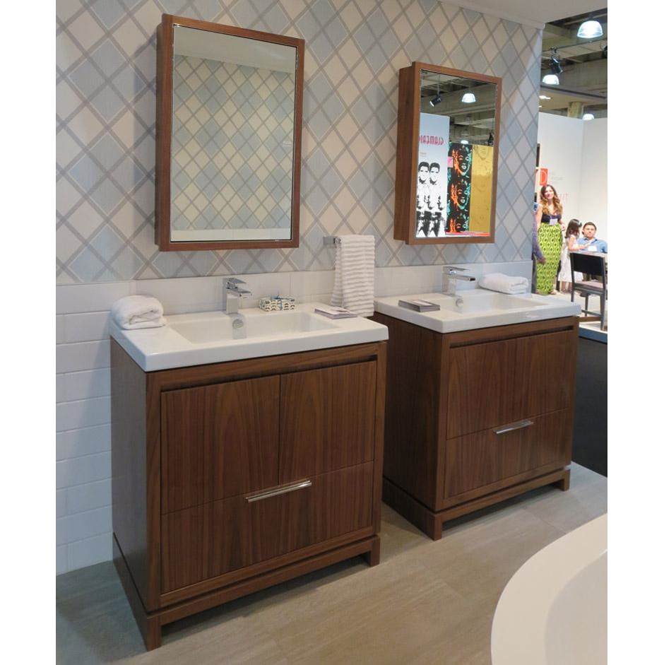 Lacava Free-standing under-counter vanity with finger pulls across top doors and polished chrome pulls across bottom drawers 39'' W 17 5/8'' D 33 1/4'' H