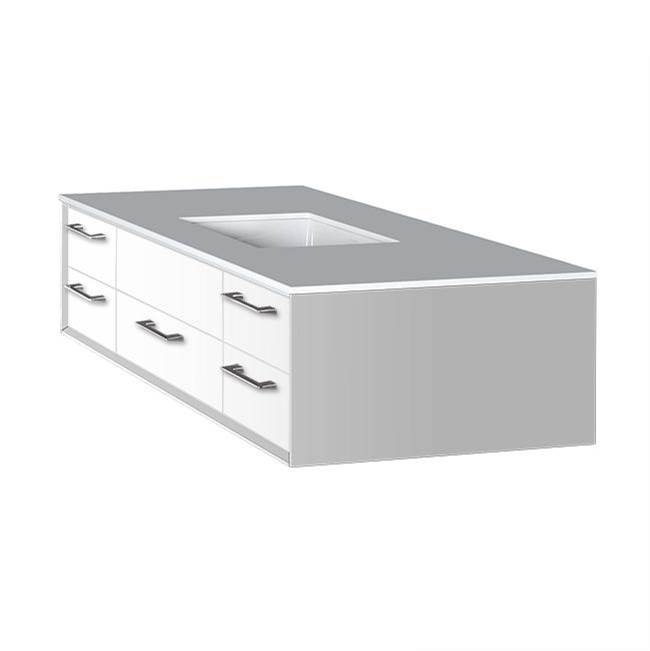 Lacava Cabinet of wall-mount under-counter vanity featuring five drawers and solid surface countertop with a cut-out for undermount sink on the right