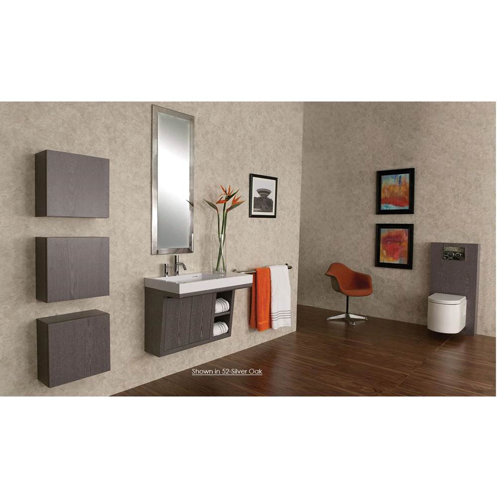 Lacava Wall-mounted under-counter vanity with two sliding doors, two open cubbies on the right, and accent light. W: 32'', D: 18'', H: 22''