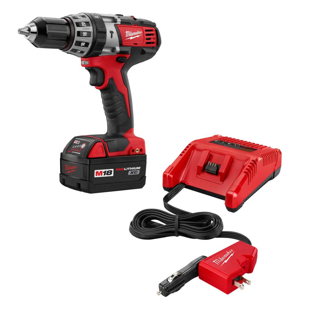 Milwaukee Tool M18 Cordless Lithium-Ion 1/2'' Hammer Drill/Driver Kit With Ac/Dc Charger
