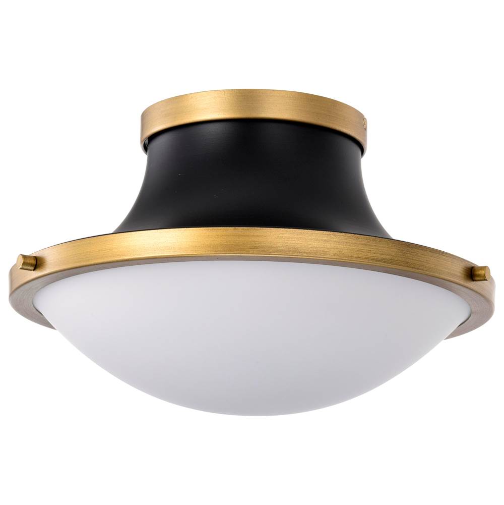 Nuvo Lafayette 1 Light Flush Mount Fixture; 14 Inches; Matte Black Finish with Natural Brass Accents and White Opal Glass