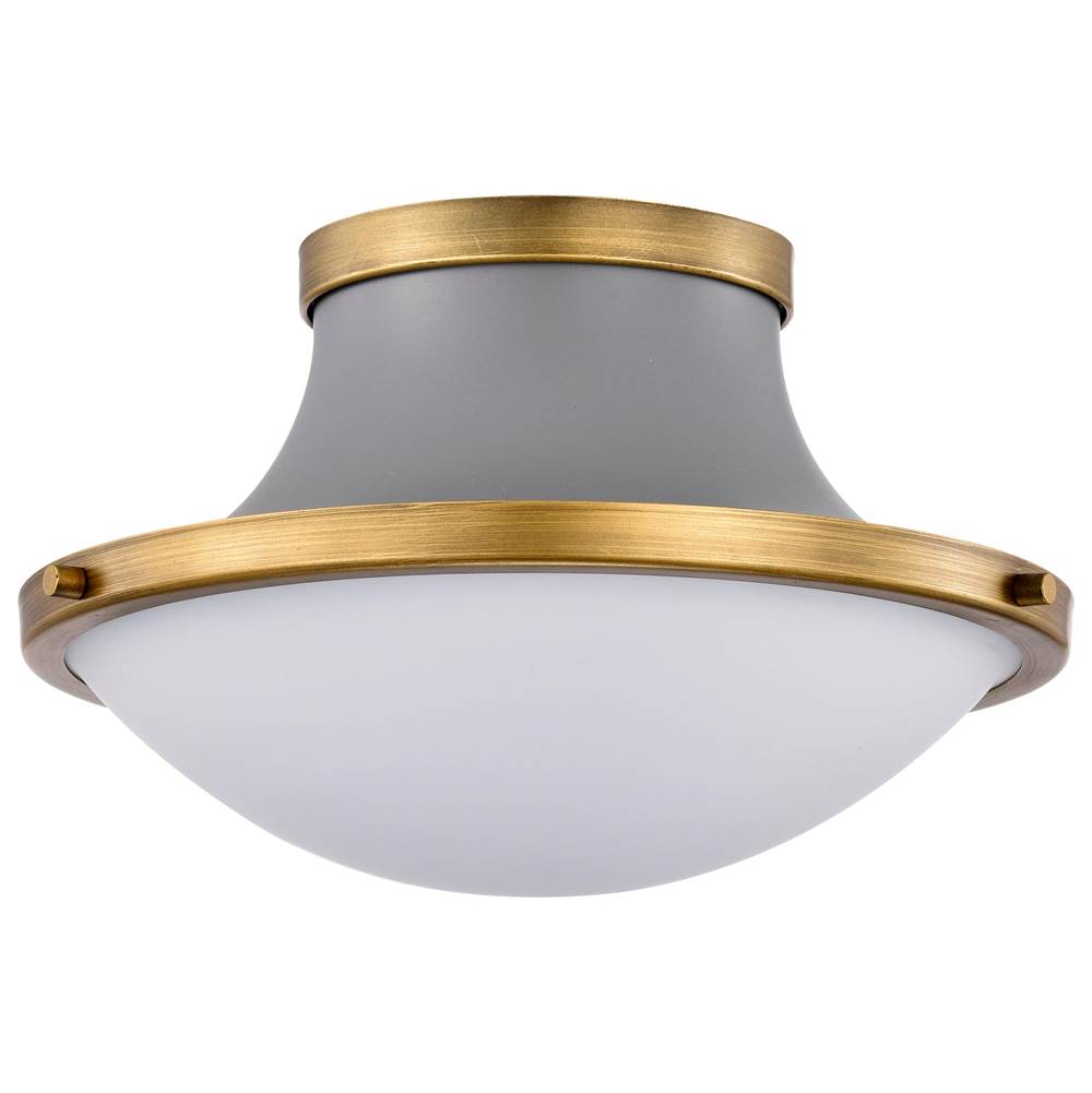 Nuvo Lafayette 1 Light Flush Mount Fixture; 14 Inches; Gray Finish with Natural Brass Accents and White Opal Glass