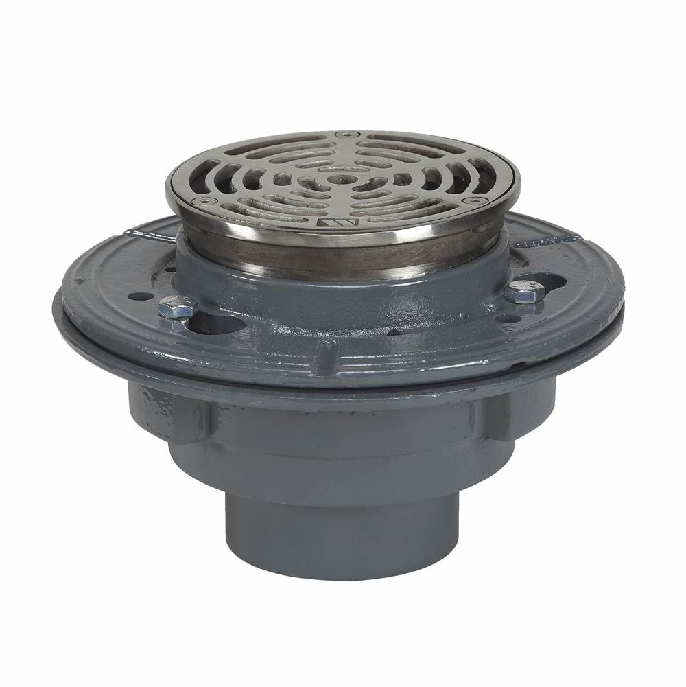 Watts Floor Drain, 4 IN Pipe, Push On, Anchor Flange, Reversible Clamping Collar, 5 IN Adjustable Round Stainless Steel Top, Epoxy Coated Cast Iron
